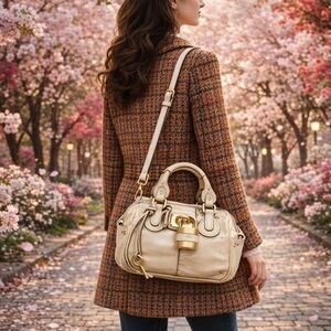 CHLOE PADDINGTON Beige Leather Satchel Crossbody Bag Removable Strap Lock & Key